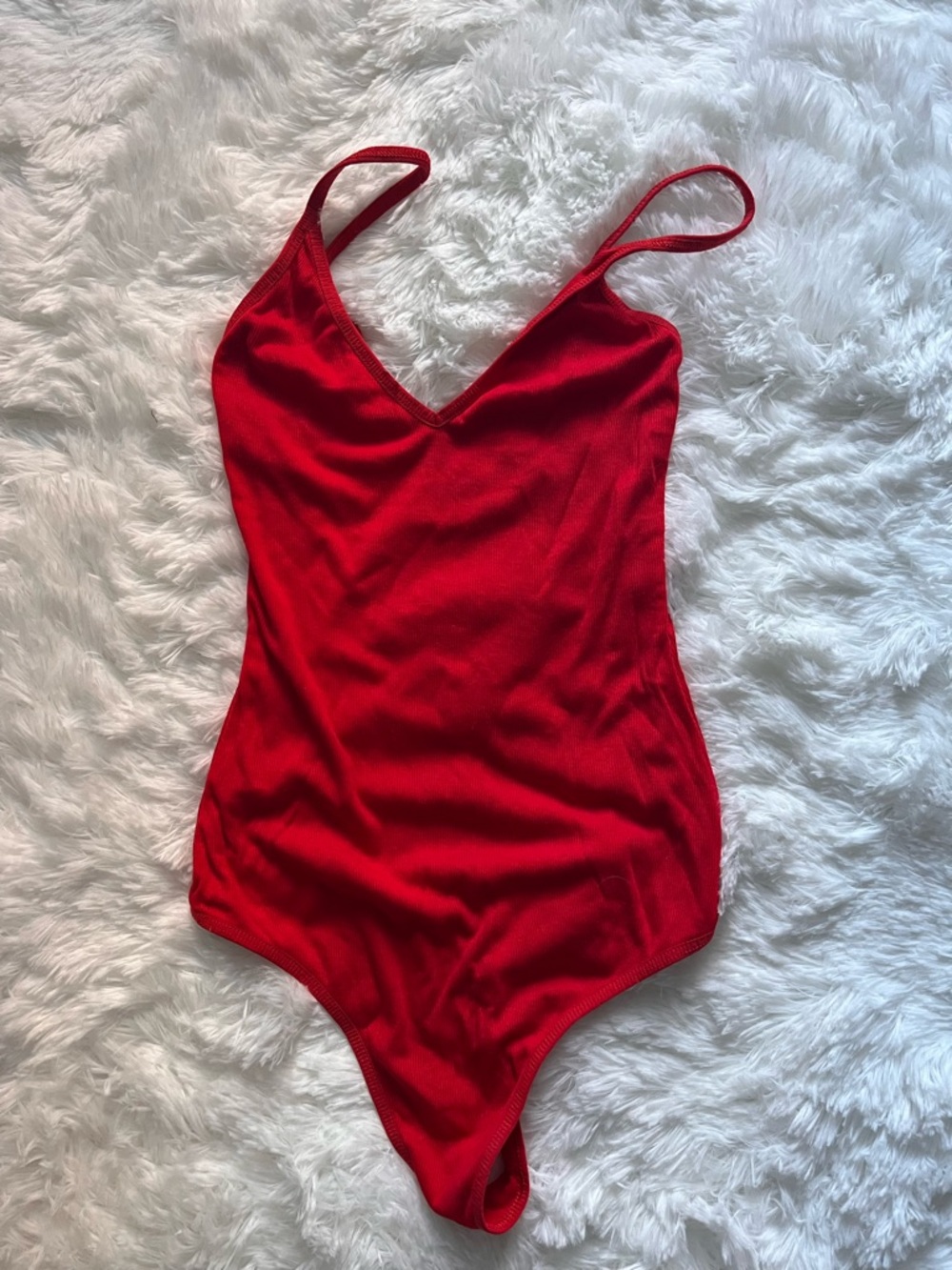 Talula Aritzia Red Ribbed V-Neck Bodysuit with Thin Straps